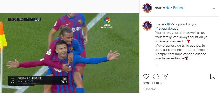 Shakira turut berkomentar soal pemotongan gaji sang suami Gerard Pique. (Instagram)