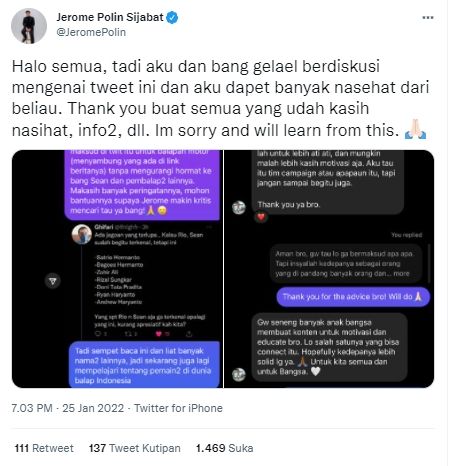 Cuitan klarifikasi Jerome Polin (Twitter.com)