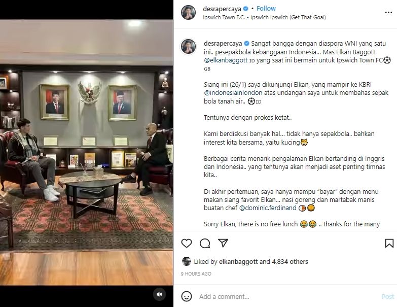 Dubes RI di London sebut Elkan Baggott adalah pecinta kucing. (Instagram/desrapercaya)