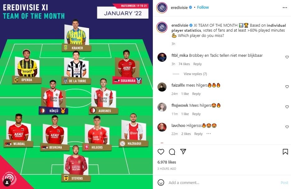 Mees Hilgers masuk Team of the Month Eredivisie Belanda. (Instagram/eredivisie)